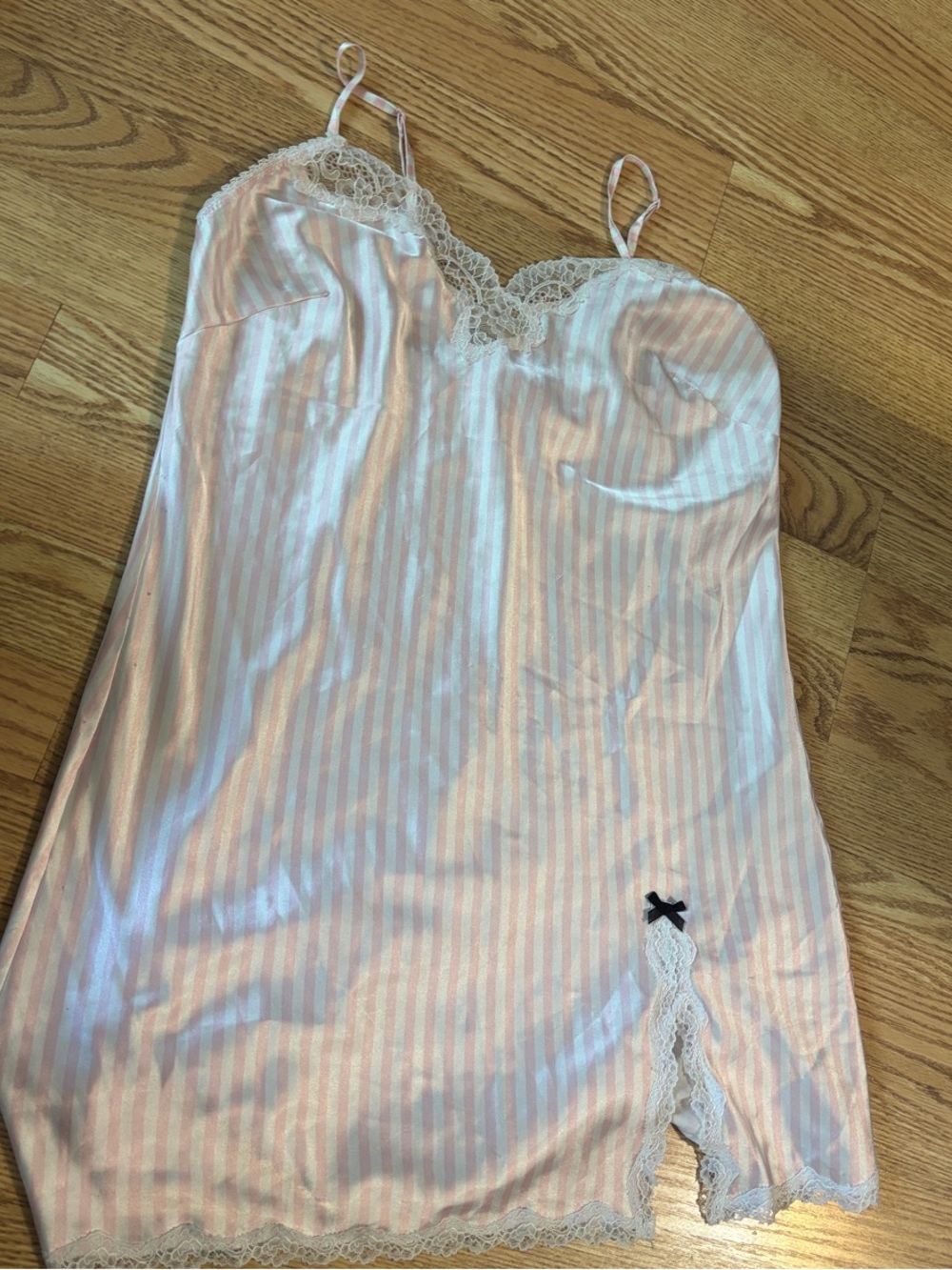 Victoria's Secret Pink & White Striped Satin Lace-Trim Slip